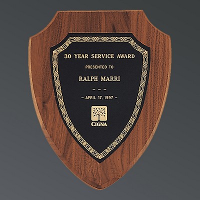 Genuine American Walnut Shield with Black-Gold Brass Plate, Small (7-1/4"x9")