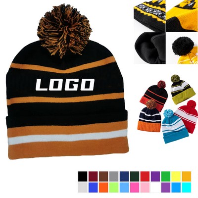 Winter Knitted Pom Beanie Hat With Cuff