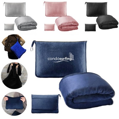 Luxury Fleece and Neck Pillow 2" 1 Airplane Set Microfleece Travel Blanket with Zipper Bag