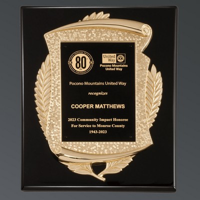 Ebony Piano Finish Gold Scroll with Florentine Background & Black Brass Plate, 10-1/2"x13"