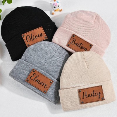 Custom Laser Engraved Leather Patch Knit Beanie for Baby