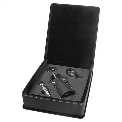 Laserable Black/Silver Leatherette 3-Piece Wine Tool Set