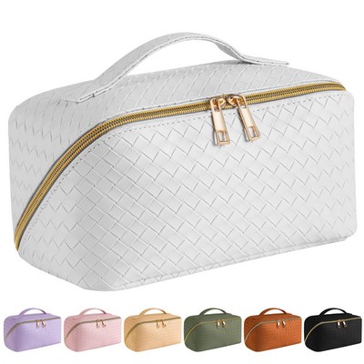Woven Pattern Makeup Bag Large Capacity Cosmetic Organizer Portable Handheld Toiletry Bag Travel