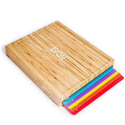 Wood Cutting Board with 6 Color Mats
