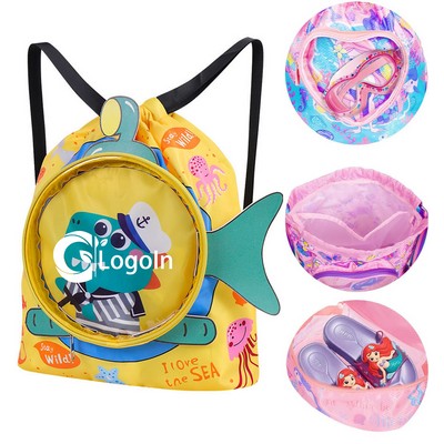 Cute Shark Drawstring Backpack Bag for Kids with Shoes Compartment and Wet Proof Pocket