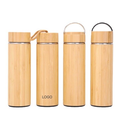 Handcrafted Bamboo Shell Thermos Stainless Steel Insulated Travel Mug with Carry Handle