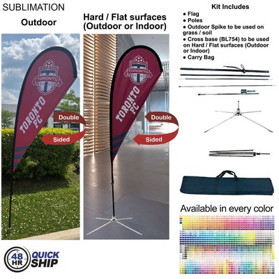 48Hr Quick Ship - 7.5' Small Tear Drop Flag Kit, Full Color Graphic 2 Sided, Outdoor & Indoor base
