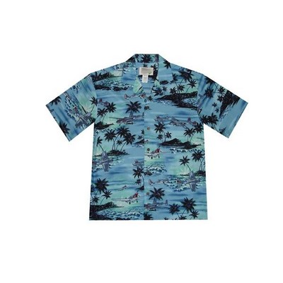 Blue Hawaiian Tropical Military Print Shirt / 100% Cotton Poplin / Airplanes Circa WWII