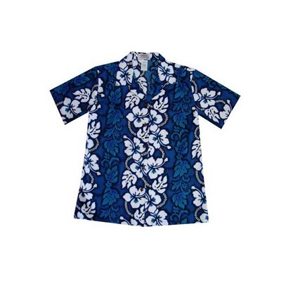 Ladies Navy Hawaiian Cotton Poplin Shirt w/Button Front & Short Sleeves