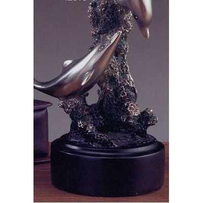 Silver Finish Two Dolphins Trophy w/1 Nose Down & Round Base (4.5"x7")