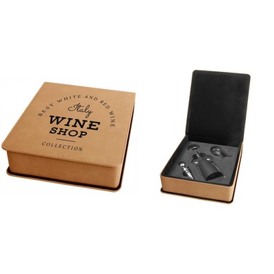 3 Piece Wine Tool Set, Light Brown Faux Leather