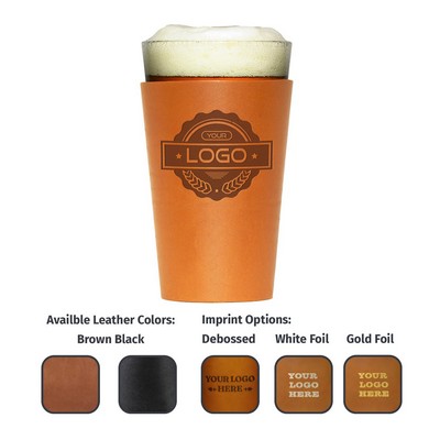 Full-Grain Leather Pint Glass Holder w/Glass-Single Stitch- Made in USA- Bar Set, Craft Beer Glass