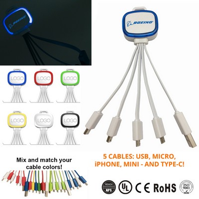 Light Up 5-In-1 Mobile Usb Charging Cables - W/ Type C