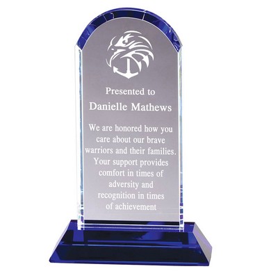Optical Tower Arched Crystal Award w/Blue Base (9 ¼" x 6")