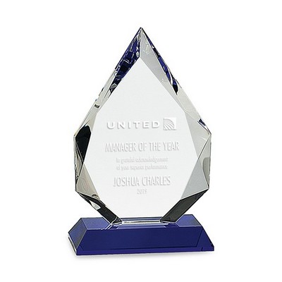 9" Tall Clear Glass Diamond on Blue Glass Base