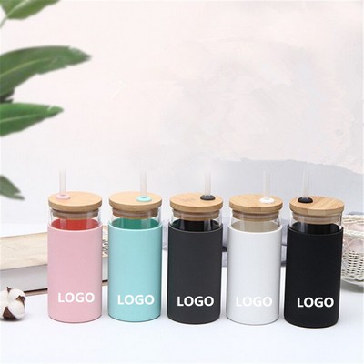17 Oz. Silicone Sleeve Protective Glass with Straw & Wooden Lid