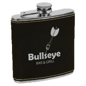 6 Oz. Black/Silver Laserable Leatherette Stainless Steel Flask