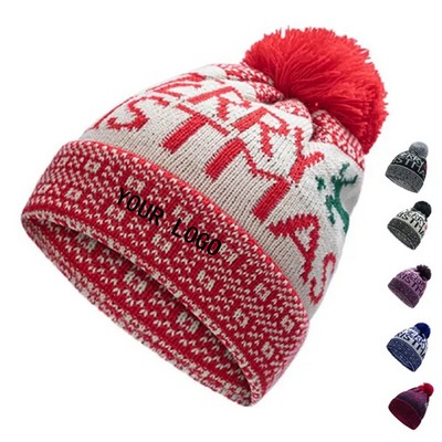 Festive Merry Christmas Warm Knit Beanie Hat