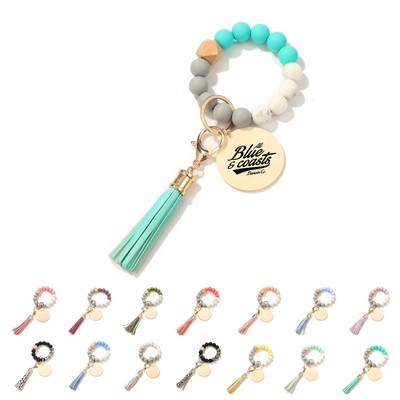 Silicone Beaded Wood Wristlet Keychain with Tassel