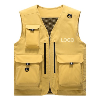 Polyester Mesh Multi-Pocket Utility Vest with Breathable V-Neck and Zipper Closure