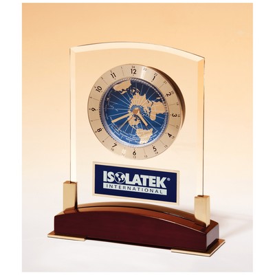Glass Clock w/World Time Dial on Piano Finish Base