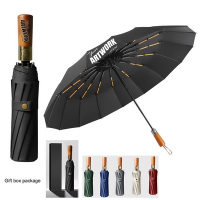 Quality Windproof Auto Open Wooden Handle Folding Umbrella 45" Arc