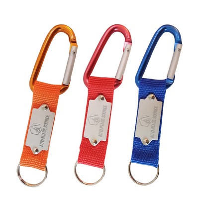 3/4" Carabiner Keychain With Nylon Strap And Metal Plate