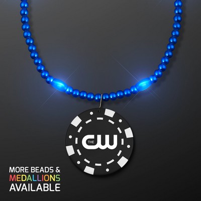 Blue LED Bead Necklace with Black Poker Chip Medallion - PRINTED
