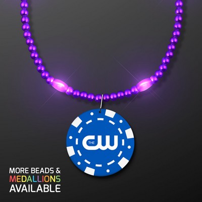 Purple LED Bead Necklace with Blue Poker Chip Medallion - PRINTED
