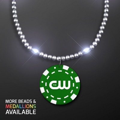 Silver LED Bead Necklace with Green Poker Chip Medallion - PRINTED