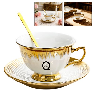 6.7 Oz Gold-Luster Trim Ceramic Footed Cup And Saucer Sets