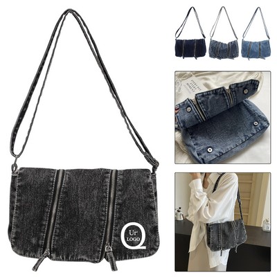 11 X 6.7" Denim Multi-Zip Women'S Shoulder Bag