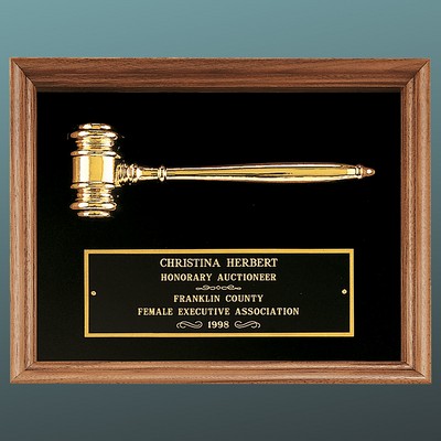 Solid Walnut Framed Gavel Plaque, Black Velour Background and Gold Gavel, 10"x13"
