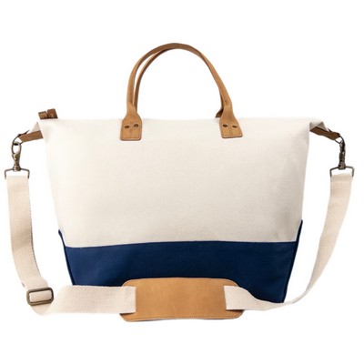 Blank Premium Weekender Heavy Duty Canvas Travel Duffel Bag | Leather Brass Navy (20x14x10)