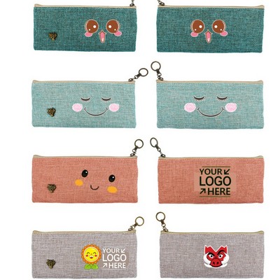 Linen-Blend Pencil Case - Natural Fabric Student Organizer