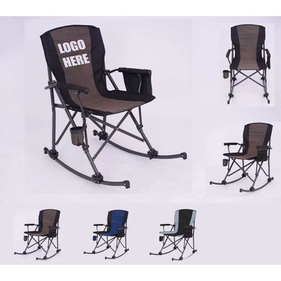 Folding Rocker Chair Outdoor Camping Patio With Drink Holder Side Pocket And Container Bag