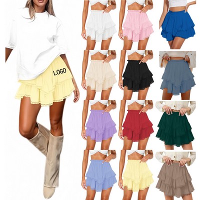 Women's High-Waisted Pleated Lace Bohemian Midi Skirt