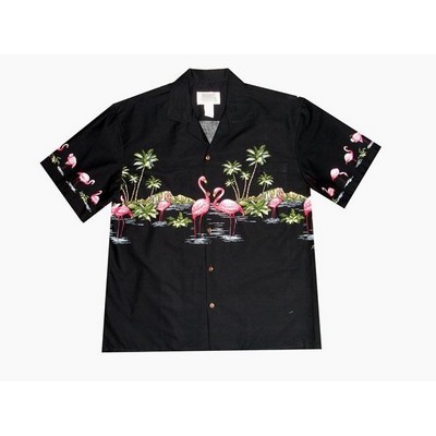 Black Hawaiian Border Print Cotton Poplin Shirt w/Button Front