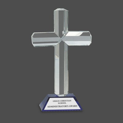 Crystal Cross Award on Blue Pedestal Base (8½")