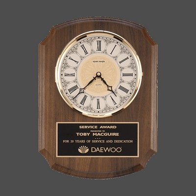 Walnut Wood Clock w/Brass Grandfather Face & 3-Hands (10½"x13")
