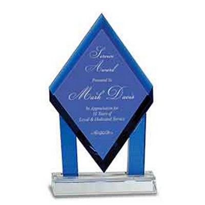 8 3/4" Blue Crystal Floating Diamond Award w/Blue Columns On Clear Base