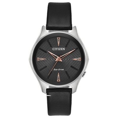 Citizen® Ladies' Modena Eco-Drive Black Strap & Black Dial Watch W/ Rose Gold-Tone Accents