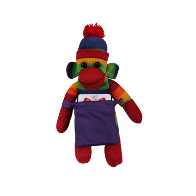 soft plush Rainbow Sock Monkey with gift card sack