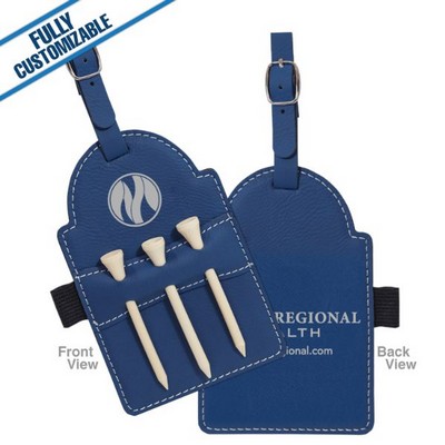 Blue & Silver Leatherette - 5X3.25" Golf Bag Tag With 3 Wooden Tees