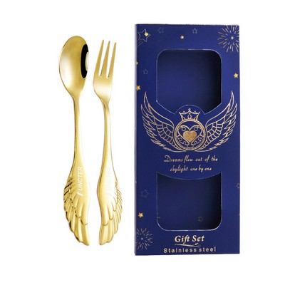 Set of 2 Golden Angel Wing Spoon Fork Flatware Set Tableware Blue Gift Box