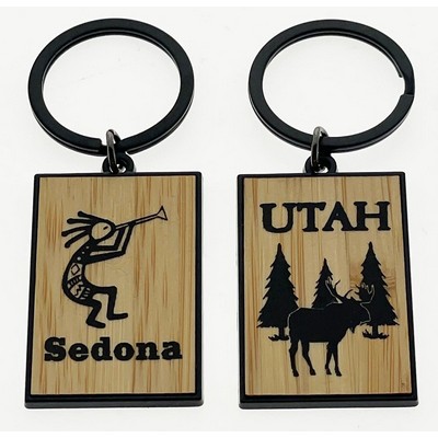 Rectangle Black Elegant Line Key Tag w/Bamboo