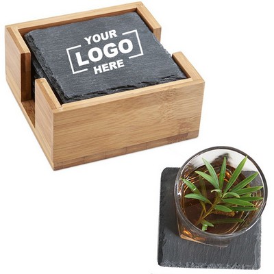 Slate Coaster Set with Wood Stand (6 pieces pack)