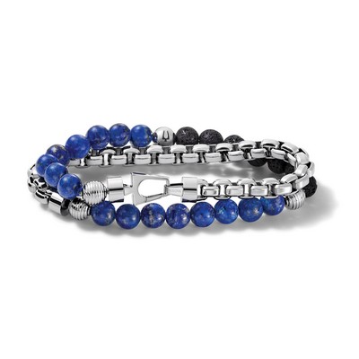 Bulova Jewelry Double Wrap Bracelet: Chain - Black Lava And Lapis Beads - Medium
