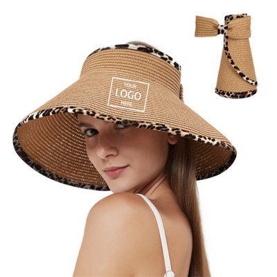 Leopard Ponytail Roll Up Straw Visor