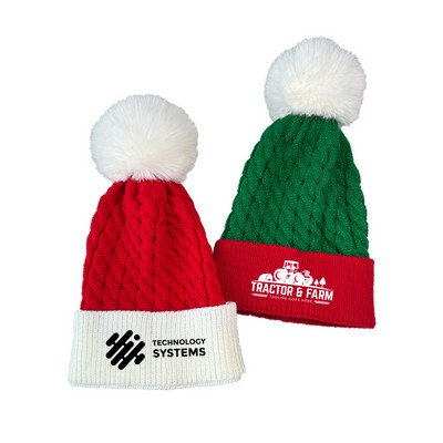 Rolled Brim Knit Christmas Hat With Big Pompom